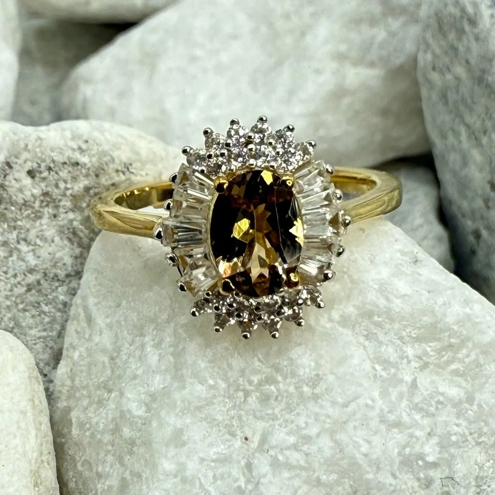 NWT Golden Tanzanite White Zircon Sunburst Halo Ring 1.65ct 18K Vermeil YG Siz 7
